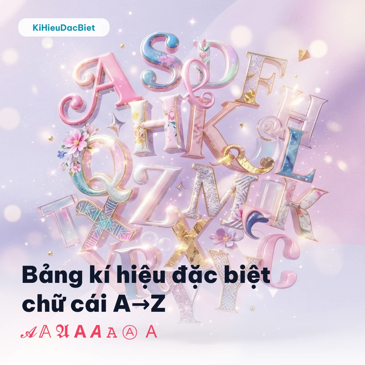 Bảng kí hiệu đặc biệt chữ cái A→Z với các chữ cái cách điệu nổi 3D và mẫu 𝓐 𝔸 Ⓐ